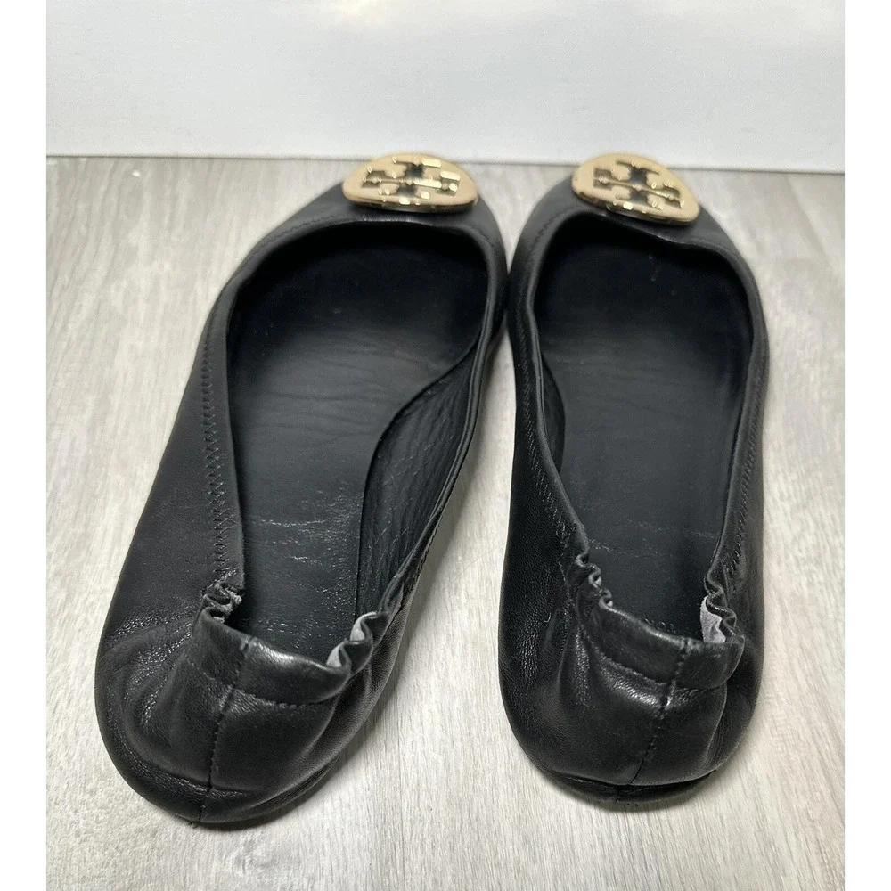 Tory‎ Burch Black Leather Ballet Flats Gold Logo Women Size 8.5